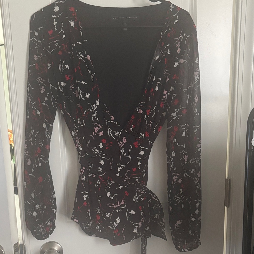 White House Black Market Floral Wrap Blouse - Black and Red